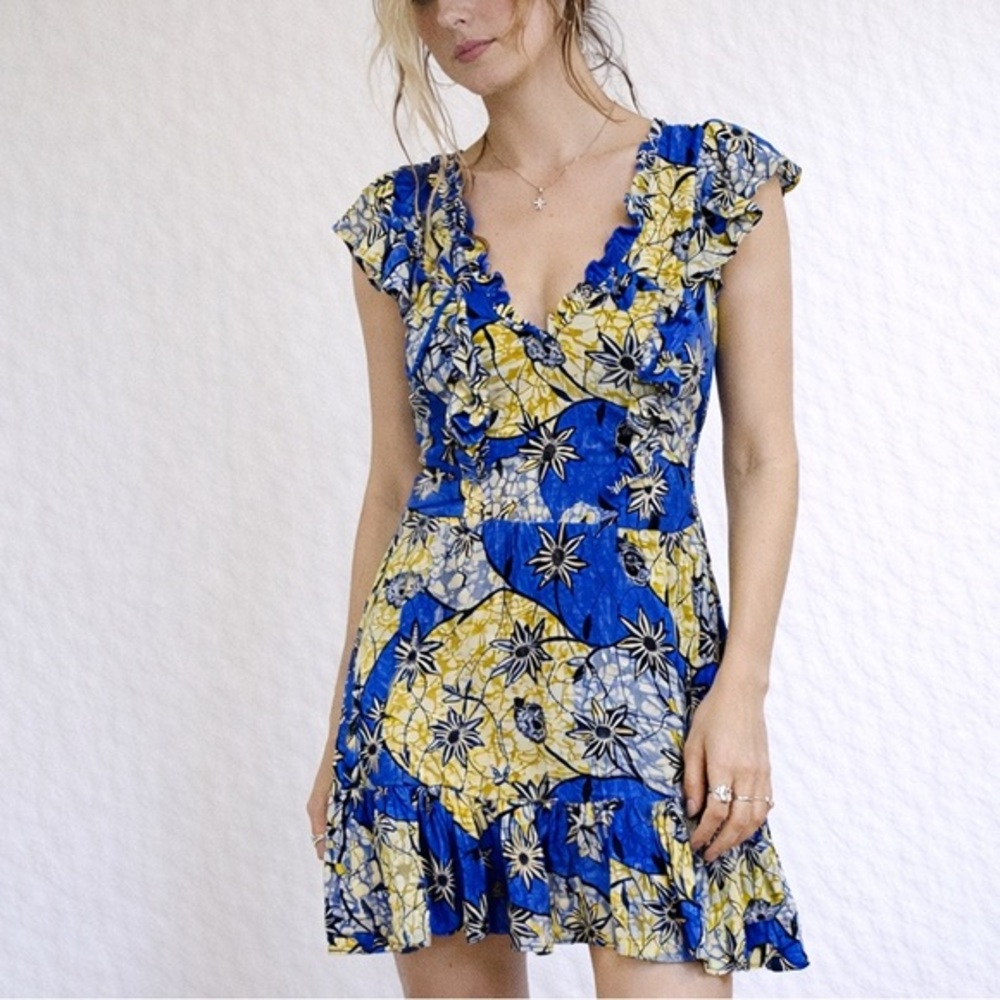 Warm Blue Yellow‎ Botanical Floral Silk Dress Size 2